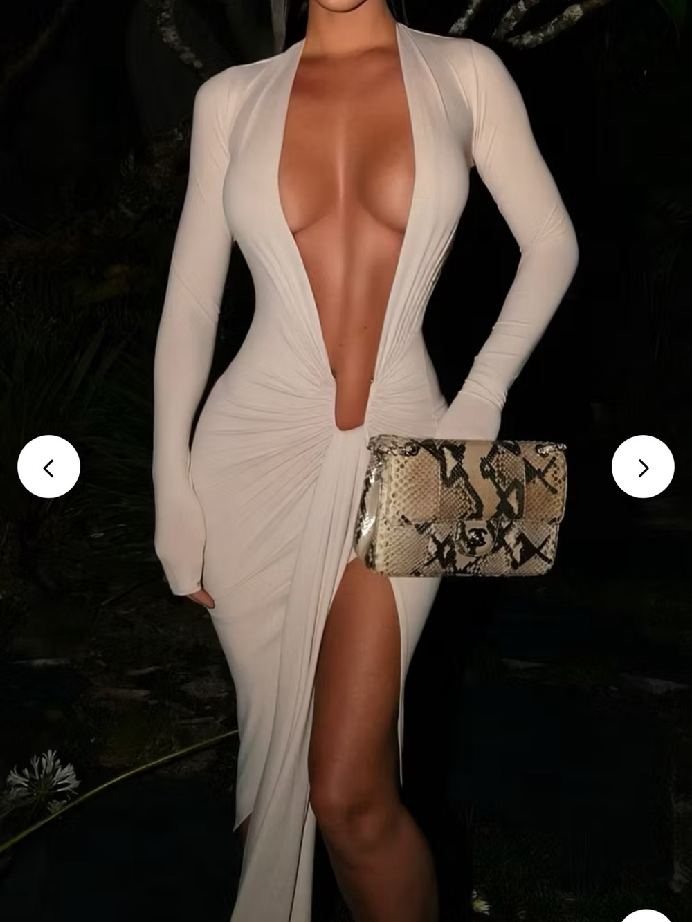 Plunging Long-Sleeve Maxi Dress in Cream/White